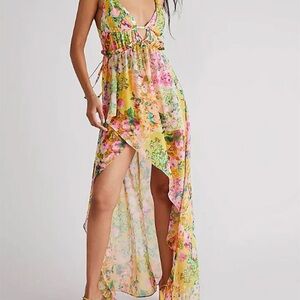 For Love & Lemons Yellow Pink Floral Maxi Dress